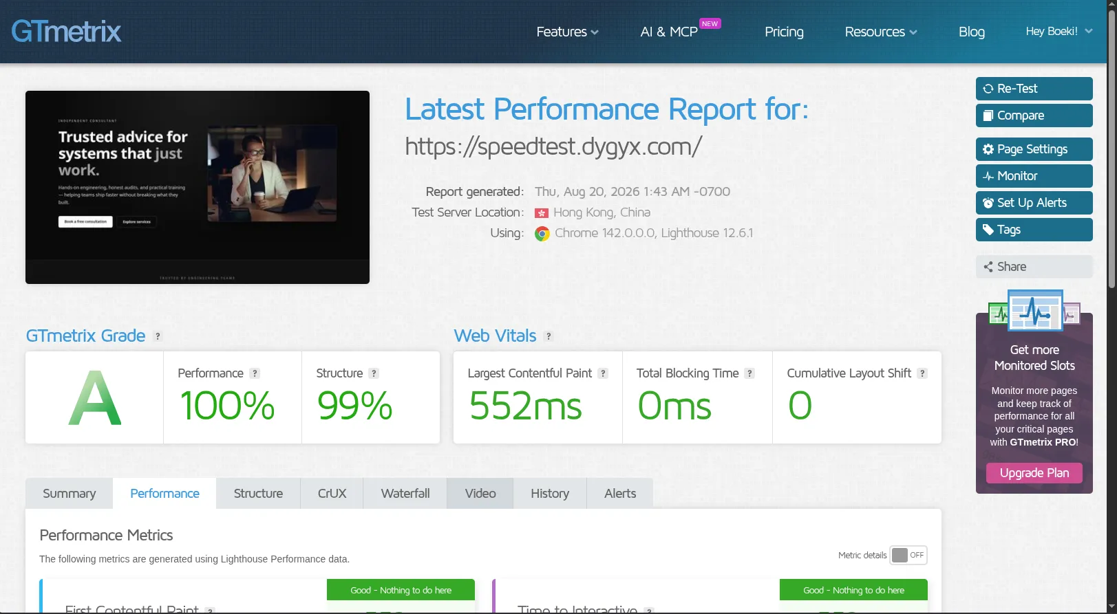 GTmetrix performance report for the Dygyx-hosted demo site
