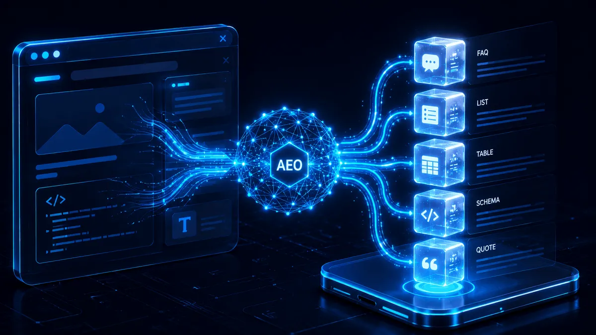 A digital interface illustrating AEO with data types like FAQ, list, table, schema, and quote for AI search optimization.