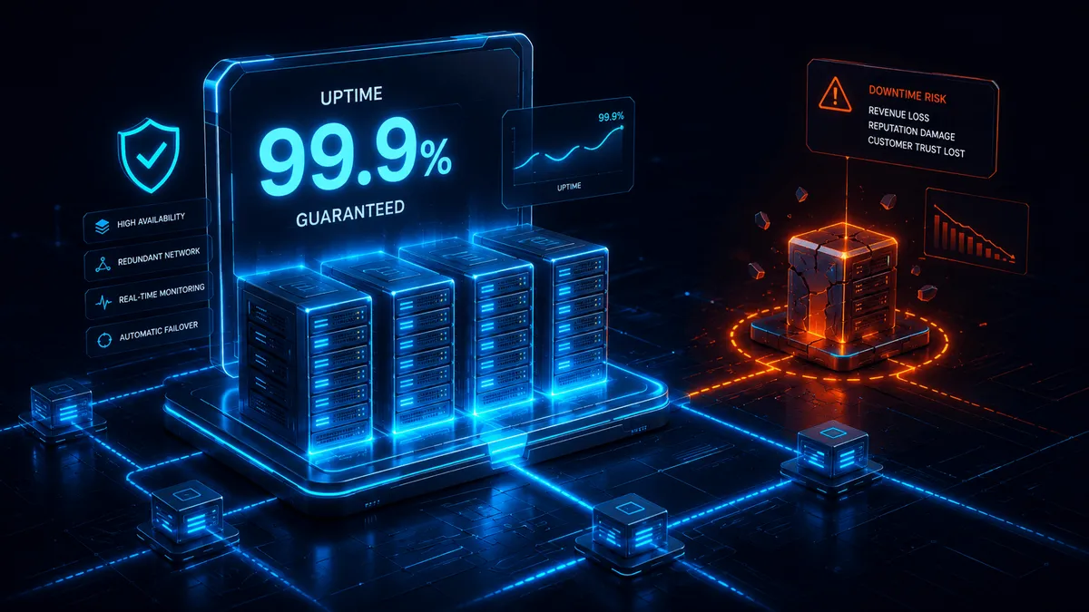 Visual representation of guaranteed 99.9% uptime with server reliability features and risks of downtime for small businesses.