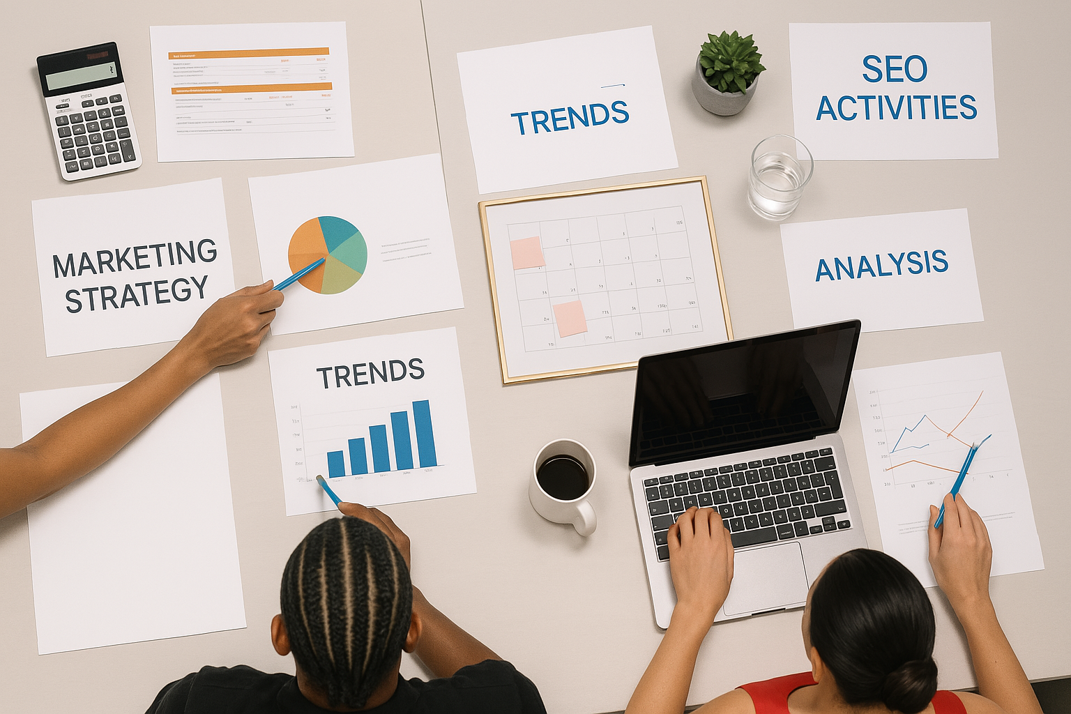 An image showing a small business owner using a laptop with SEO graphs, Google Maps pins, backlinks, and content icons around them.