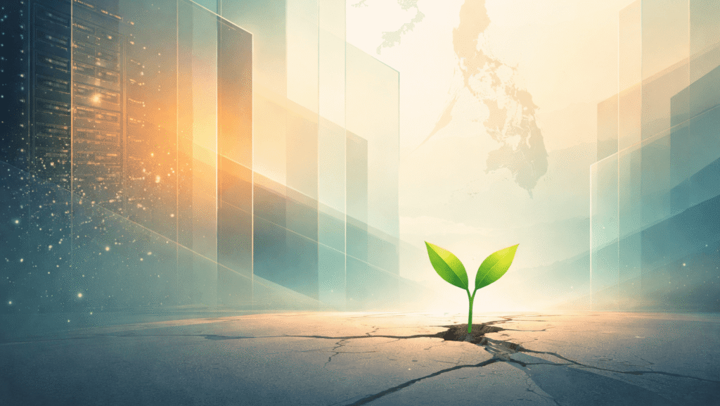 Small green sprout growing through concrete in a futuristic city.