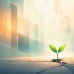 Small green sprout growing through concrete in a futuristic city.