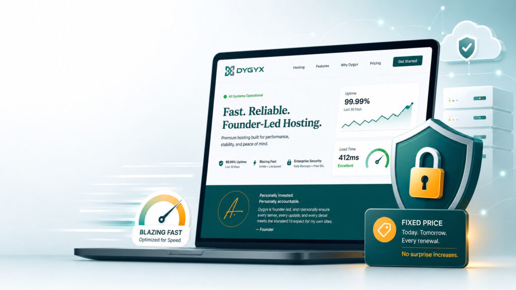 dygyx-home-hero Laptop showing Dygyx web hosting features with speed and security icons.